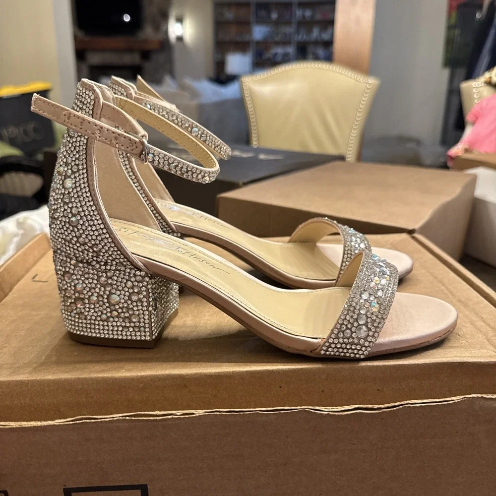 Embellished Block Heel Sandal in Blush with Silver Crystals